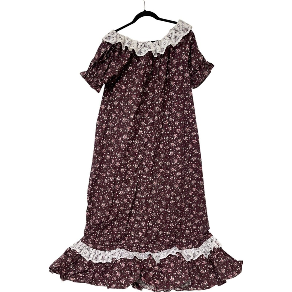 Vtg Handmade Floral Lace Trim Maxi XL‎ Dress Cottagecore Ruffle Crochet Modest - Picture 8 of 10
